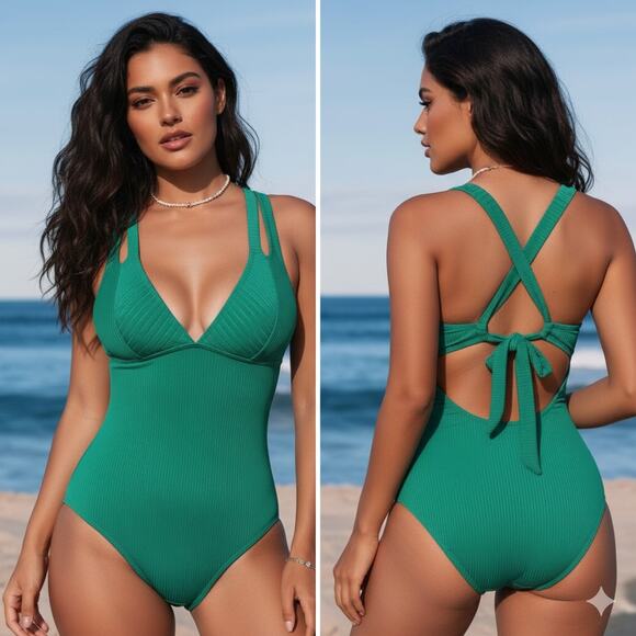 Cupshe Ribbed Green Cross Back One-Piece Swimsuit - Picture 1 of 8